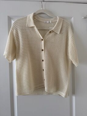NWT gu crochet knit woven short sleeve button up sz M medium